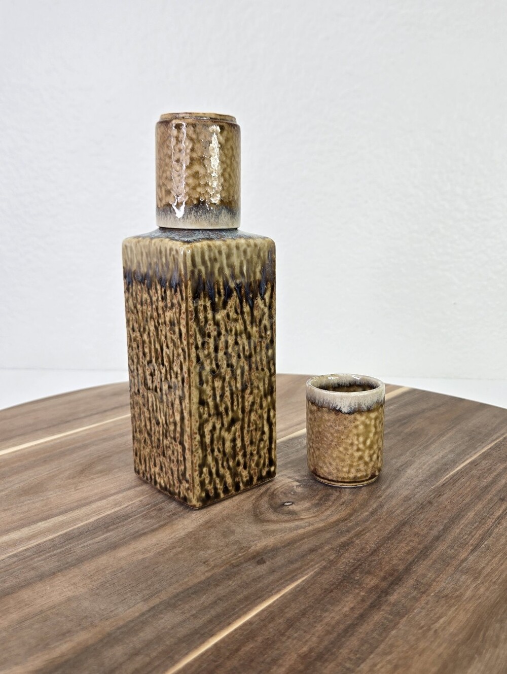 Vintage Japanese Stoneware Sake Drink Set Pottery Brown Lava Drip Glaze Set